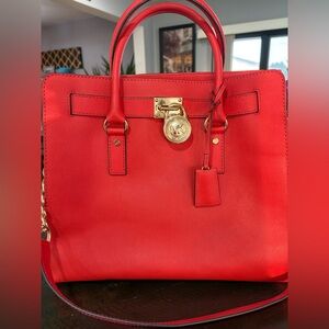 Michael Kors Red Saffiano Satchel with Gold Hardware